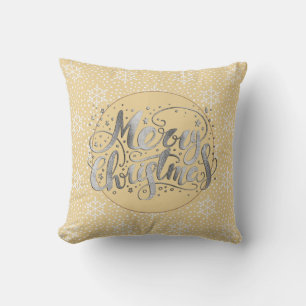 Yellow Silver Merry Christmas White Snowflakes Cushion
