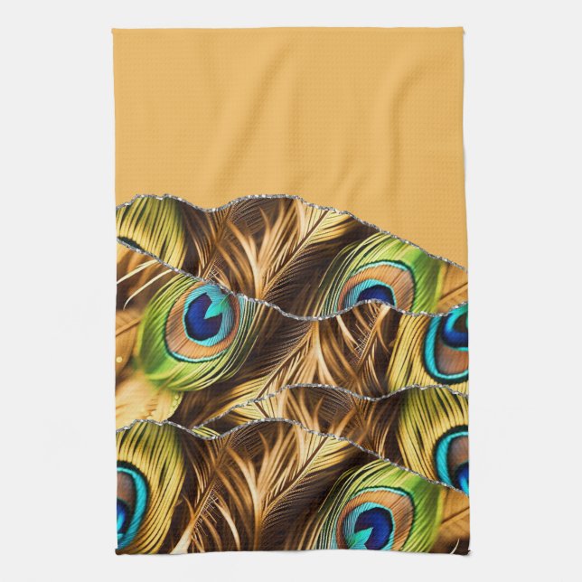 Yellow Silver Peafowl Marble Agate Glam  Tea Towel (Vertical)