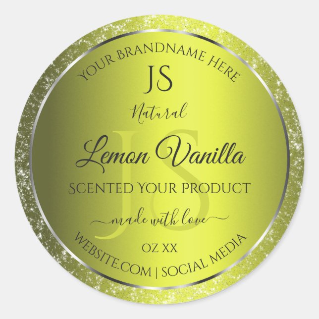 Yellow Silver with Glitter Initials Product Labels (Front)