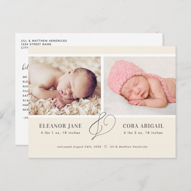 Yellow Simple Twins Photo Birth Announcement Postcard (Front/Back)