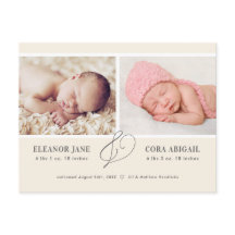 Yellow Simple Twins Photo Birth Announcement