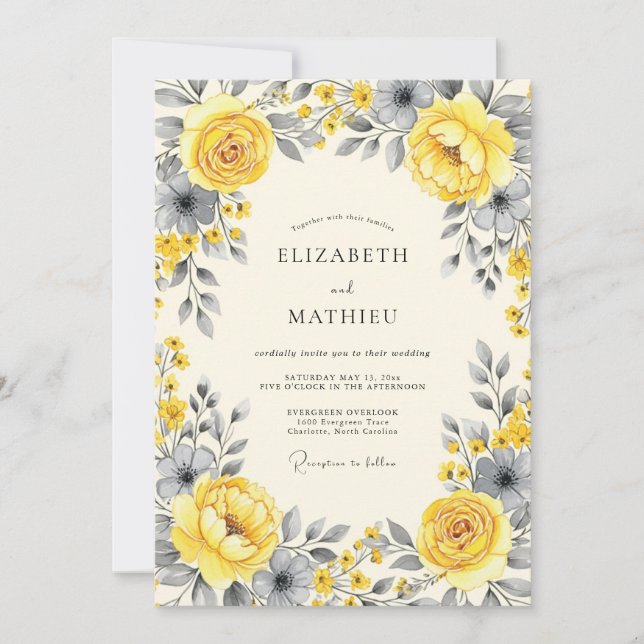 Yellow Slate Sophisticated Floral Wedding Invitation (Front)