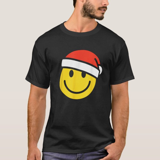 Yellow Smile Face Christmas Santa Hat Xmas Happy F T-Shirt (Front)