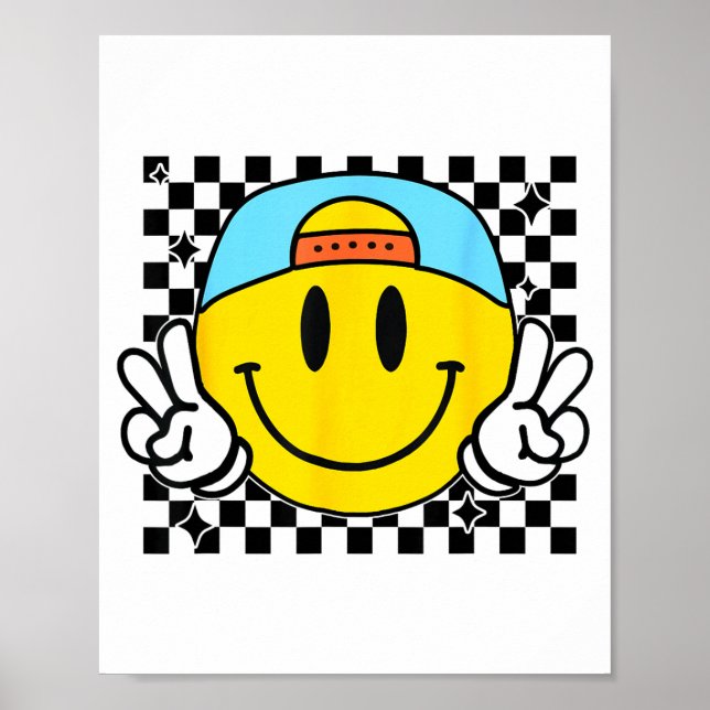 Yellow Smile Face Cute Checkered Peace Smiling Hap Poster (Front)