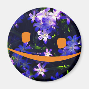 Yellow Smiley Face over Blue Flowers Magnet