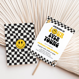 Yellow Smiley Face Retro Groovy Boy 4th Birthday Invitation