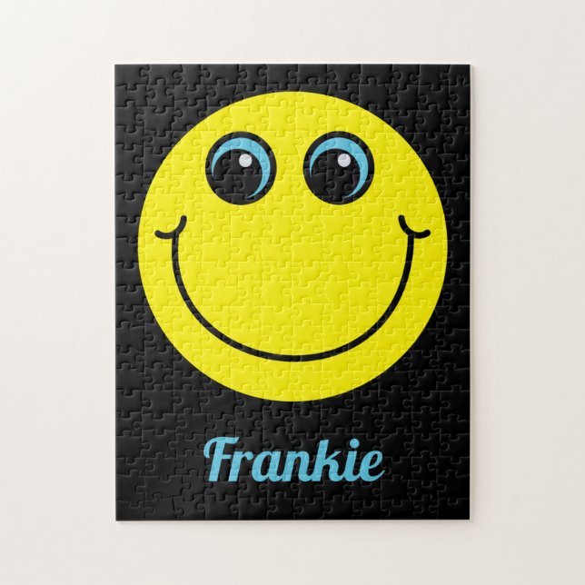 Yellow Smiling Emoji Face on Black Monogram Name Jigsaw Puzzle (Vertical)