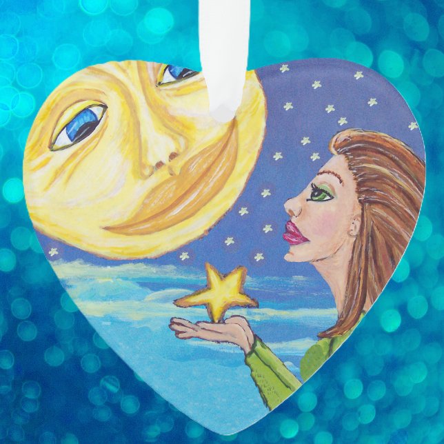 Yellow Smiling Moon Face Stars Fantasy Woman Ornament (Woman holding star moon with smiling face  blue sky with stars clouds on heart shaped ornament.)