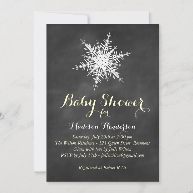 Yellow Snowflake Baby Shower Invite on Chalk (Front)