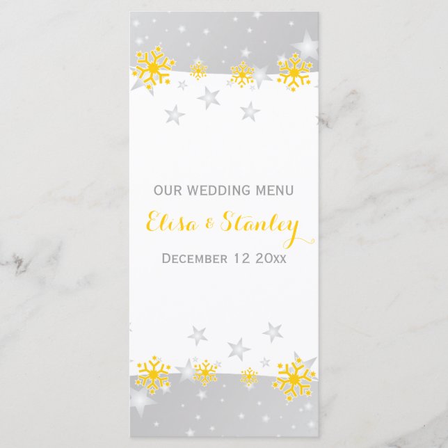 Yellow snowflakes, grey stars wedding menu card (Front)