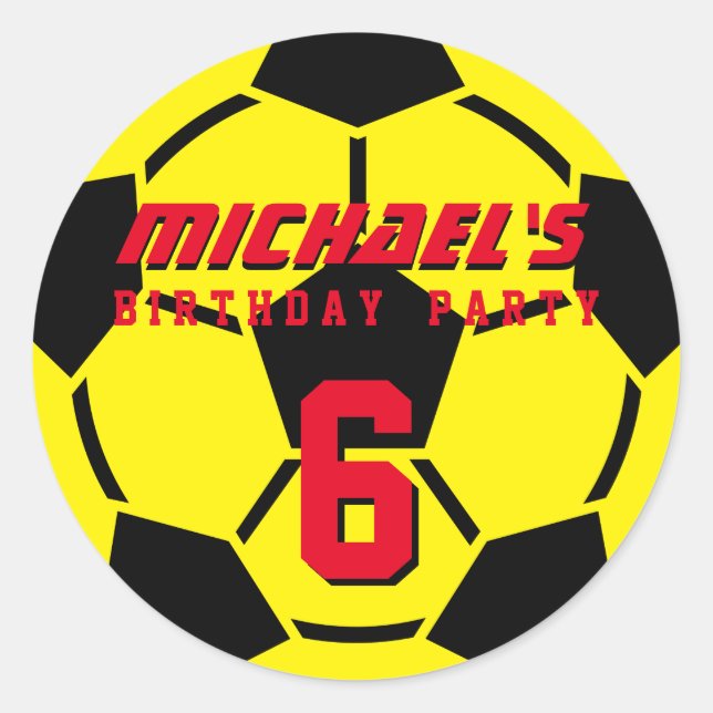 Yellow Soccer Ball Sports Birthday Party Stickers (Front)
