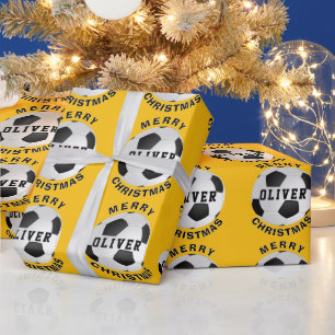 Yellow Soccer Football Balls Kids Name Christmas Wrapping Paper