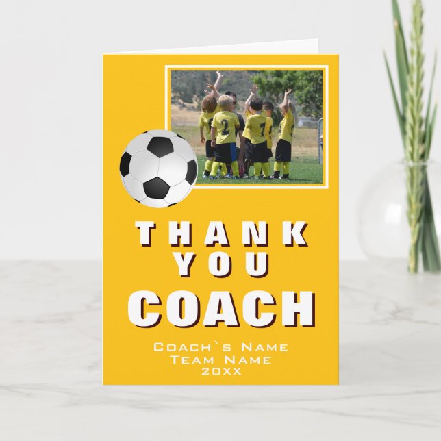 Yellow Soccer Thank you Coach Team Photo Card (Front)