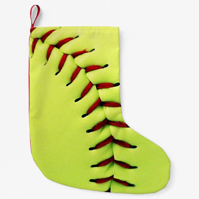 Yellow softball ball small christmas stocking (Front)