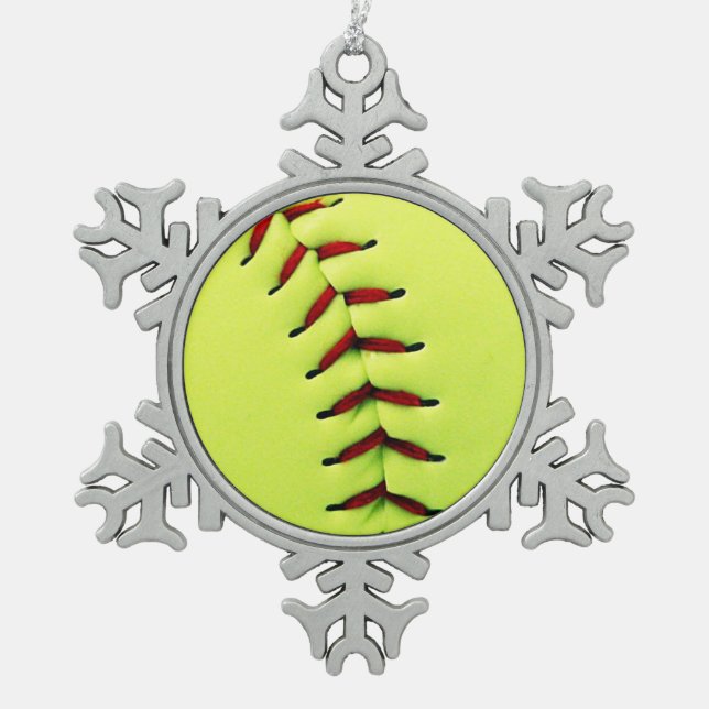 Yellow softball ball snowflake pewter christmas ornament (Front)