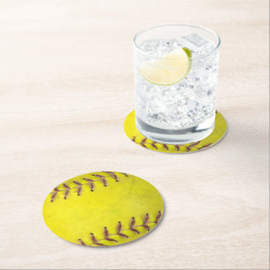 Yellow Softball Round Paper Coaster