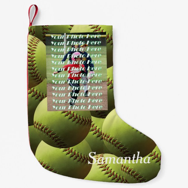 Yellow Softball with Player Photo Small Christmas Stocking (Front)