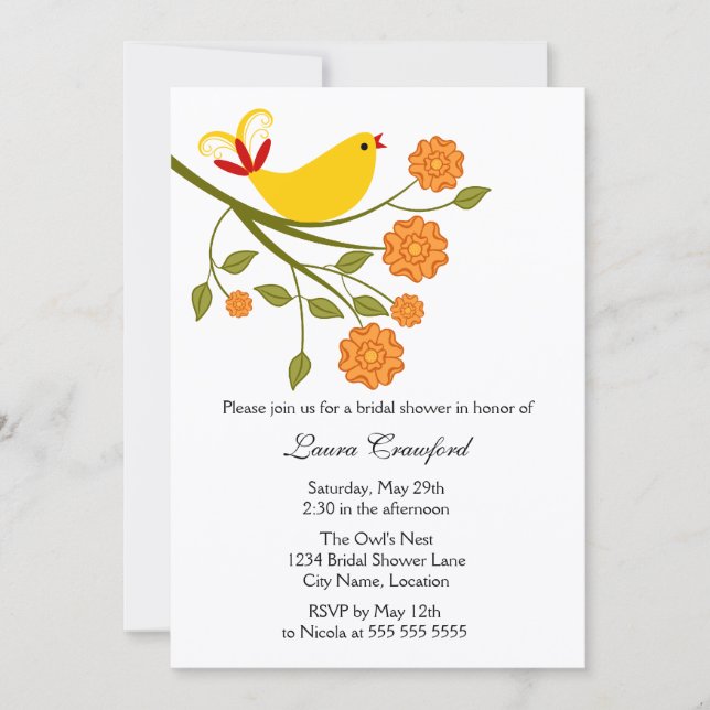 Yellow Songbird Bridal Shower Invitation (Front)