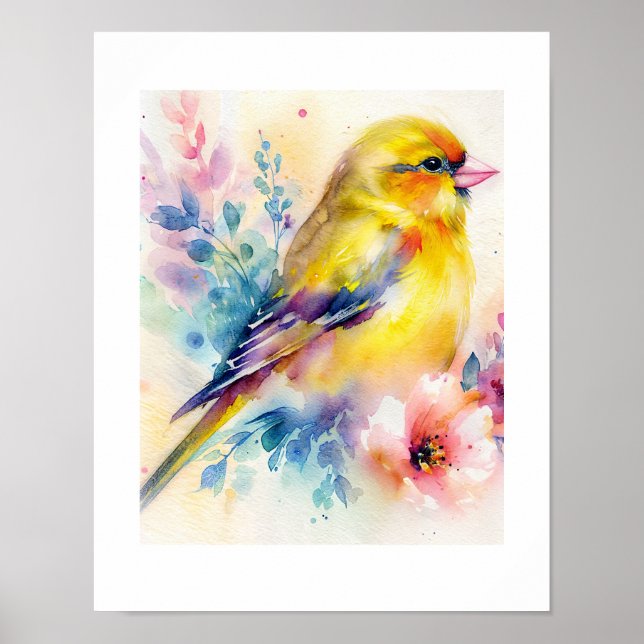 Yellow Songbird Floral Watercolor Poster  (Front)