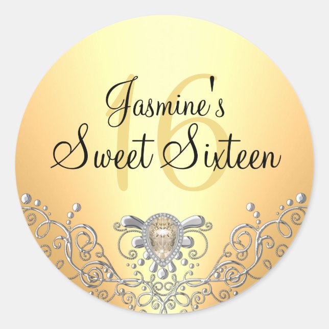 Yellow Sparkle Jewel Sweet Sixteen Sticker (Front)