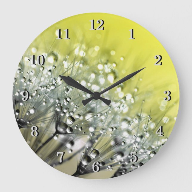 Yellow Sparkling Dew on Dandelion Large Clock (Front)