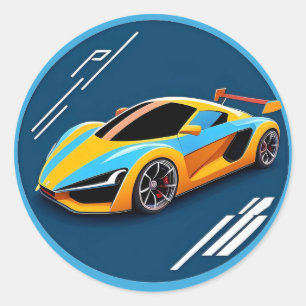 Yellow Sports Car on Blue Background Classic Round Sticker