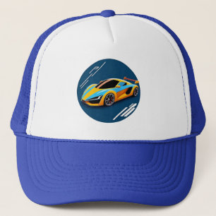 Yellow Sports Car on Blue Background Trucker Hat