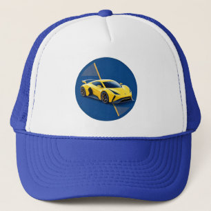 Yellow Sports Car on Blue Background Trucker Hat