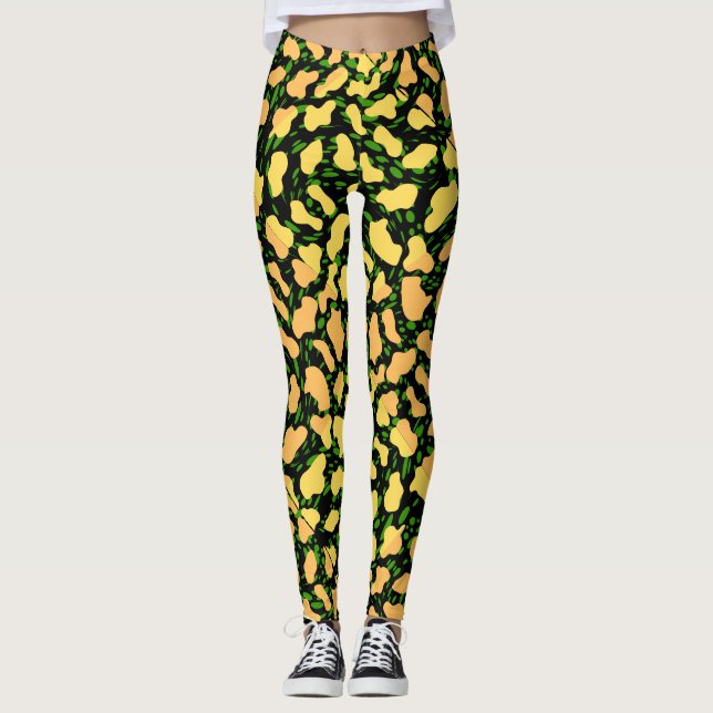 Yellow Spot Pattern.YO01.Black BG Leggings (Front)