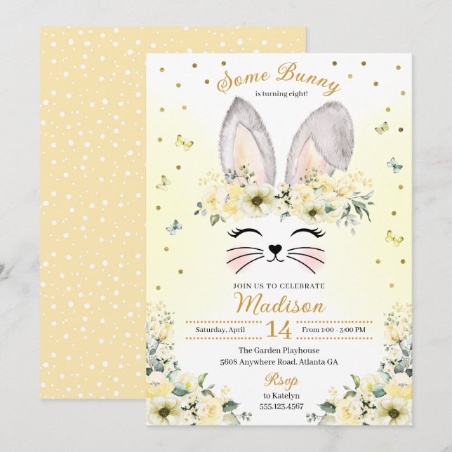 Yellow Spring Bunny Ears Flower Crown Birthday Invitation (Front/Back)