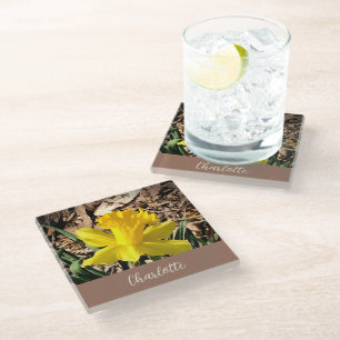 Yellow Spring Daffodil in the Garden Custom Name   Glass Coaster