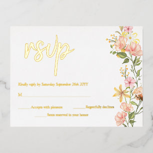 Yellow Spring Floral Pink Flowers RSVP Real Gold Foil Invitation Postcard