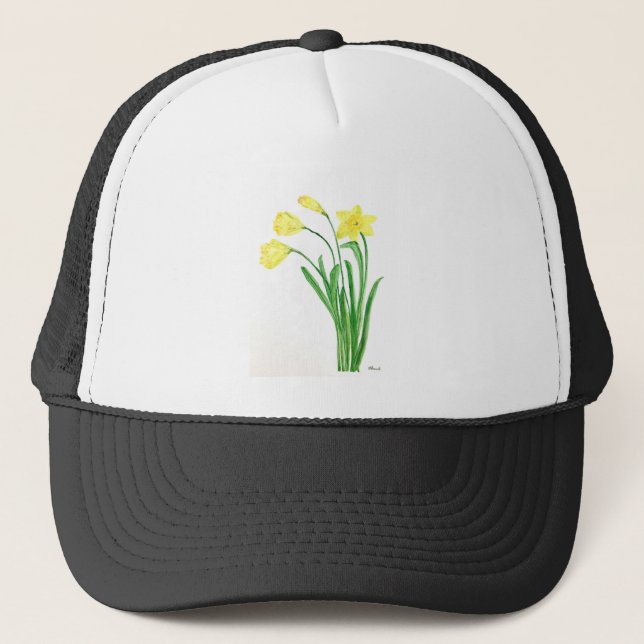 Yellow spring floral watercolor daffodils flowers trucker hat (Front)