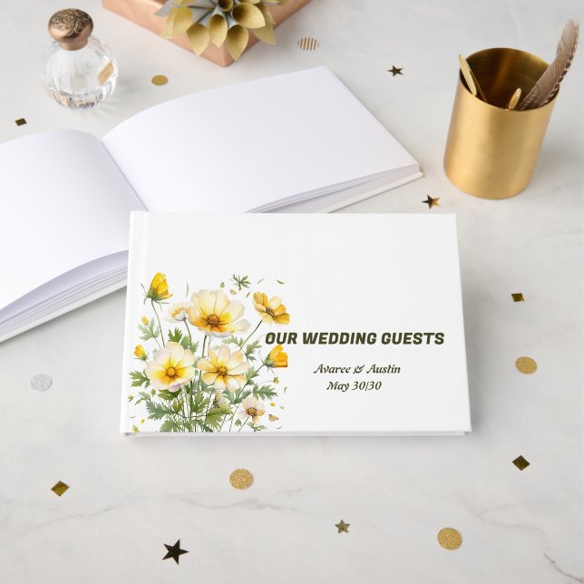 Yellow Spring Flowers Wedding Guest Book (Front Open)