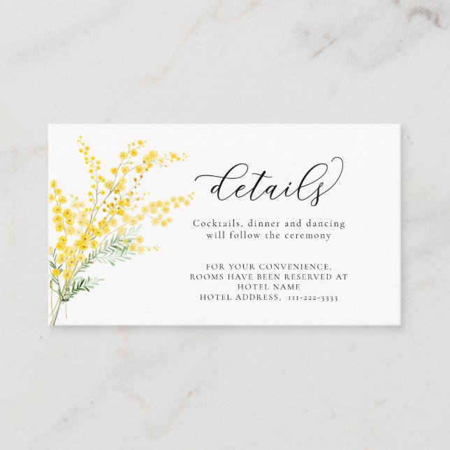 Yellow Spring Mimosa Flowers Wedding Details Enclosure Card (Front)