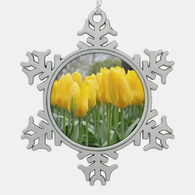 Yellow spring tulips snowflake pewter christmas ornament (Front)