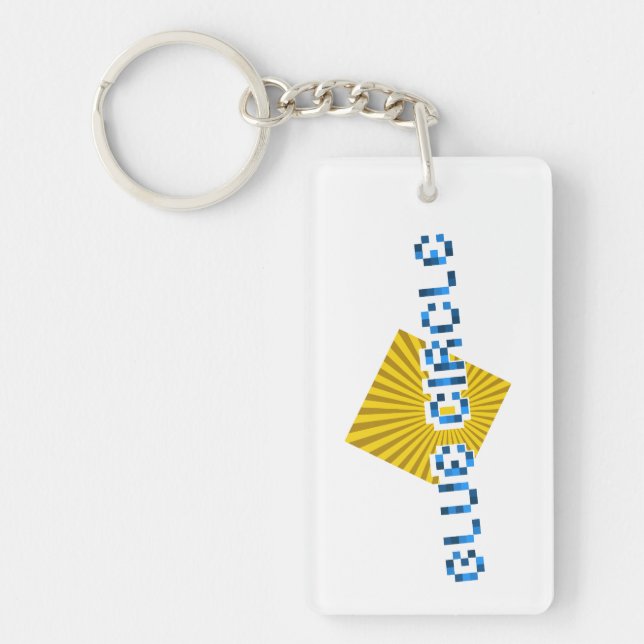 Yellow Square with Beams and Opposite Pixel Text Key Ring (Front)