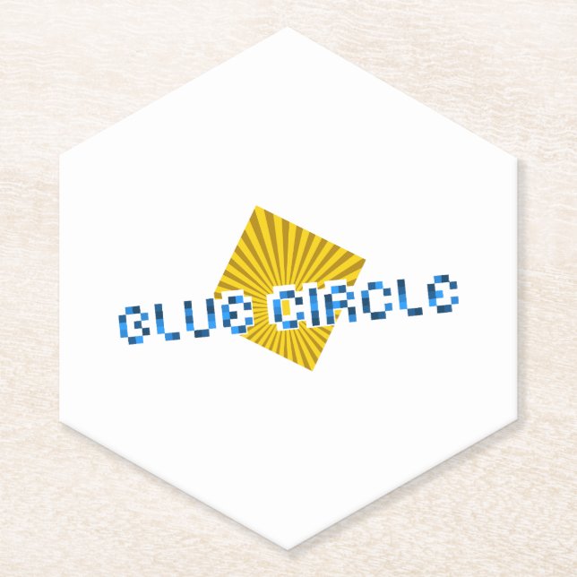 Yellow Square with Beams and Opposite Pixel Text Paper Coaster (Front)