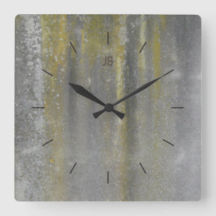 YELLOW STAINED METAL industrial decor Square Wall Clock
