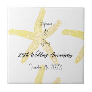 Yellow Starfish 25th Wedding Anniversary Monograms Tile