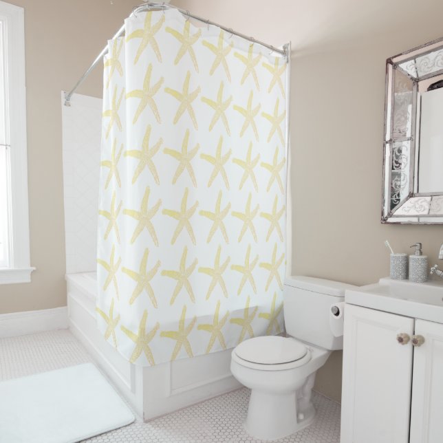 Yellow Starfish Sea Stars Pattern Cute White Beach Shower Curtain (In Situ)