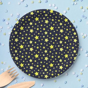 Yellow Stars and Dark Blue Pattern Paper Plate