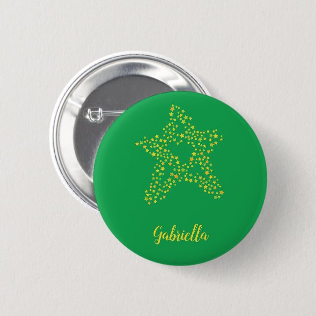 Yellow stars in star on green 6 cm round badge (Front & Back)