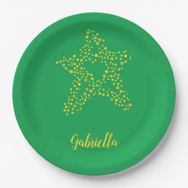 Yellow stars in star on green paper plate (Front)