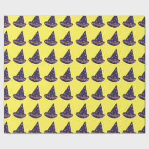 Yellow Stars on Purple Wizard Hats Halloween Wrapping Paper