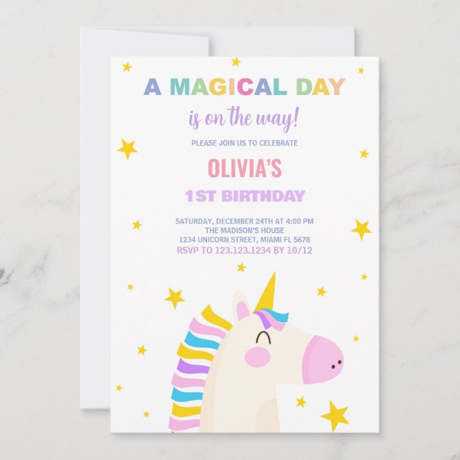 Yellow Stars Unicorn Birthday Invitations (Front)