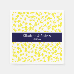 Yellow Stars White BG, Navy Blue Name Monogram Napkin