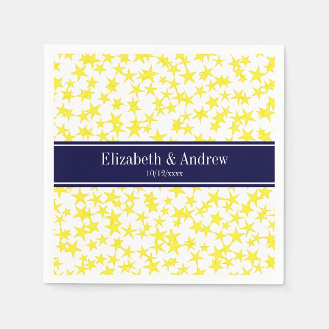 Yellow Stars White BG, Navy Blue Name Monogram Napkin (Front)