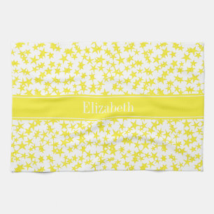 Yellow Stars White BG, Yellow Name Monogram Tea Towel