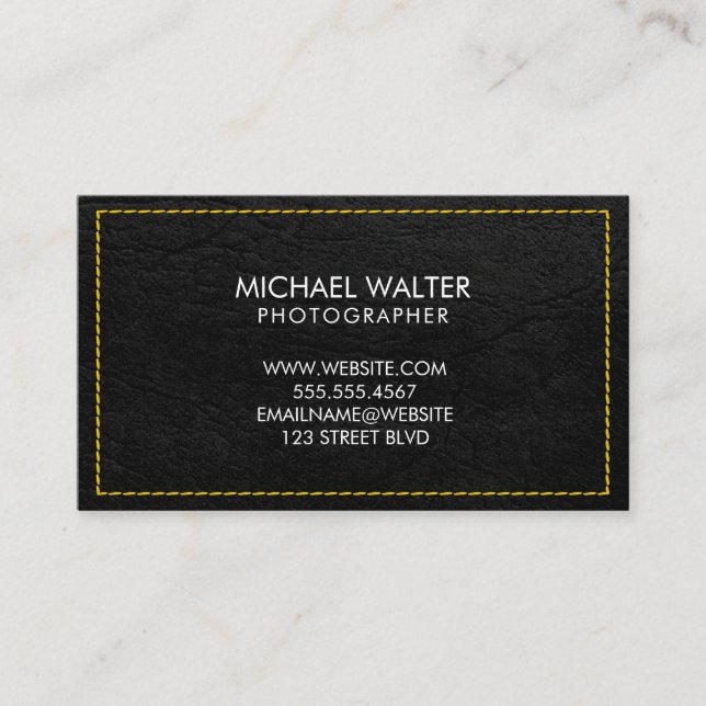Yellow Stitched Black Leather Background Business Card (Front)